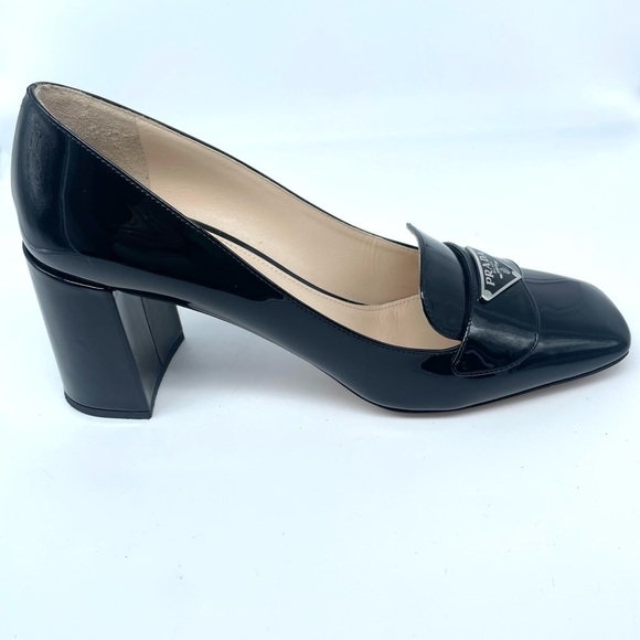 Prada Black Patent Leather Logo Plaque Block Heel Square Toe Loafer EU 39 US 9 - Picture 14 of 16
